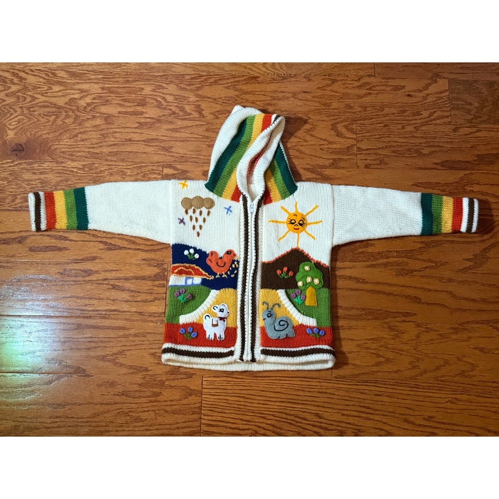 Handmade Toddler Knit Hoodie Sweater White Rainbow Applique Llama Snail 18-24M